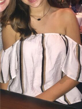 Karlie Cream Off-Shoulder Top with Black & Brown Stripes